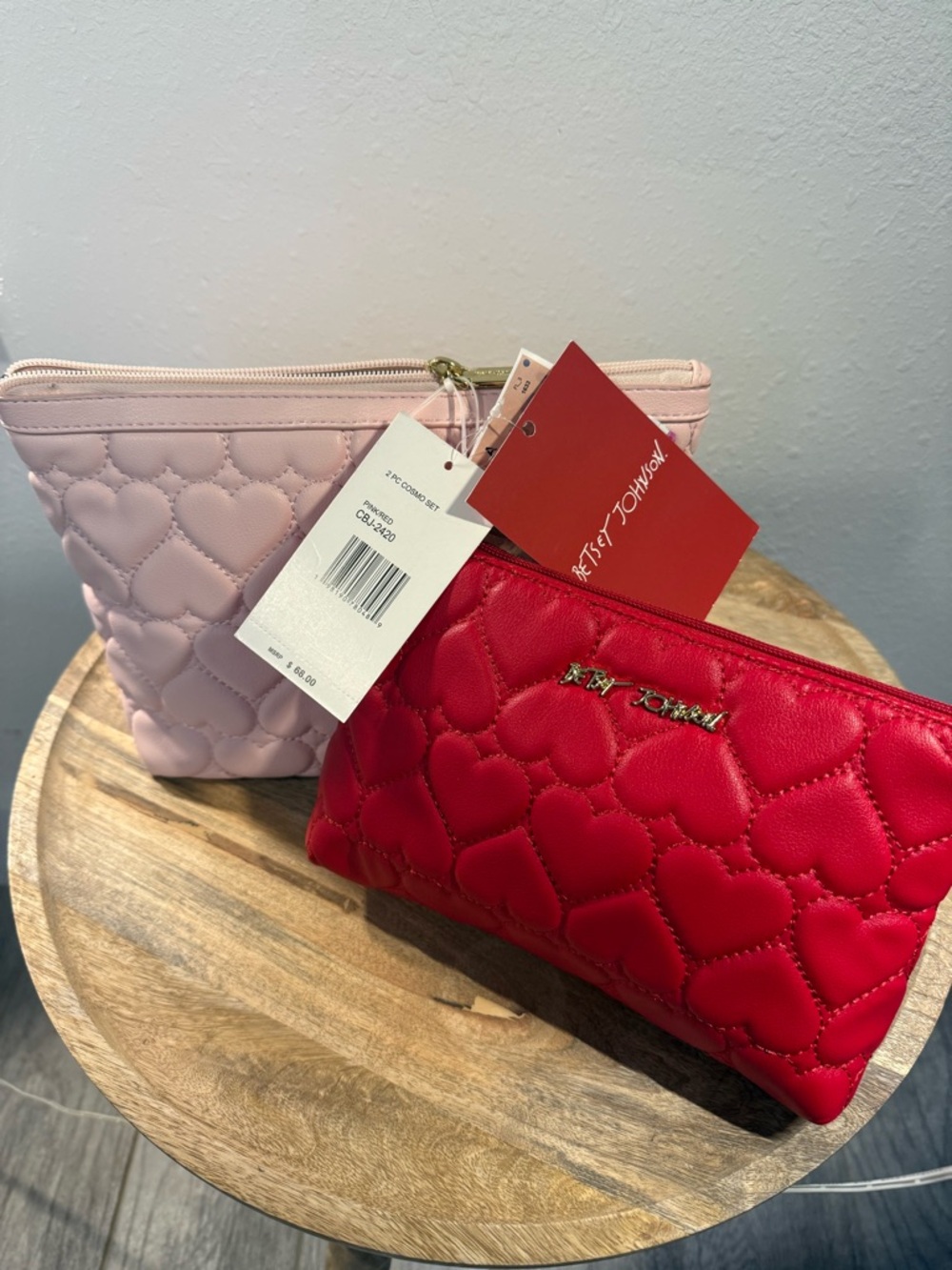 Betsey Johnson Heart-Quilted Cosmetic Pouch Twofer! - Red and Pink -  NWT!